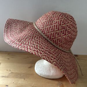 Dorfman Pacific Sunhat Red & Natural Woven Paper Straw Wide Floppy Brim 56 cm
